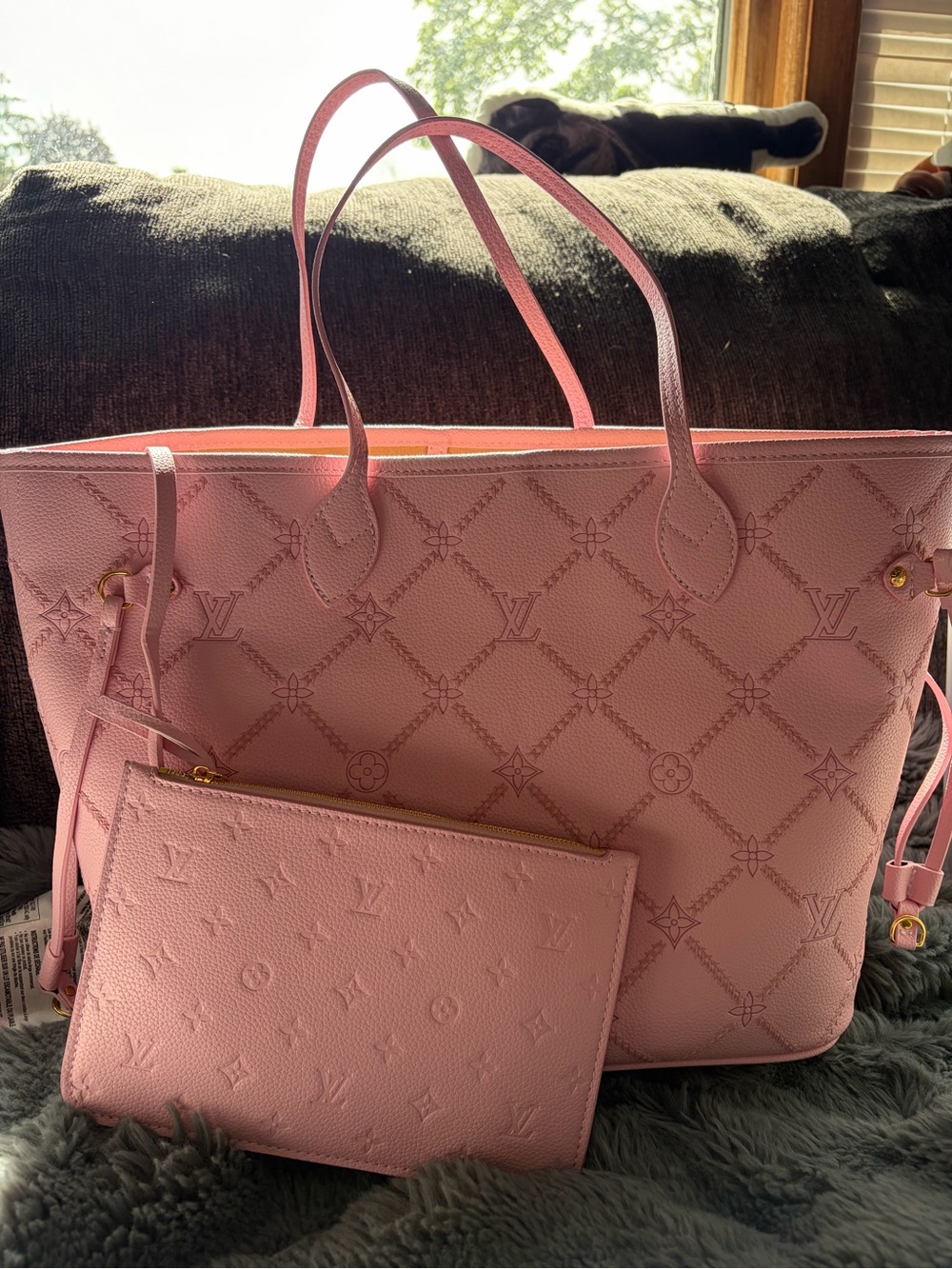 Pink Monogram Embossed Neverfull Tote